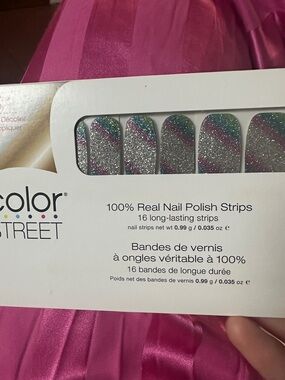 Color Street Meta Strong Silver Glitter with Pink and Teal Diagonal Accents